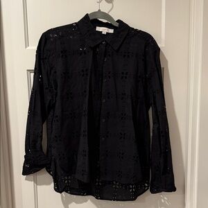 LOFT Women's Black Button Down Eyelet Shirt